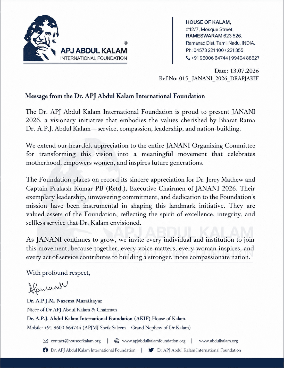 Official message from the Dr. APJ Abdul Kalam International Foundation